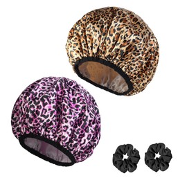 RosyReeds 2-Pack Reusable Waterproof Shower Caps for Women, Double-Layer Elastic Bath hat,Extra Large Hair Cap for Long Curly Hair（Leopard）