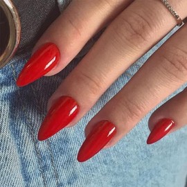 Orange Red Almond Shaped Nails Press ons, Medium Fake Almond Acrylic Nails Glue on Nail Medium Length False Nail for Women Thick Natural Gel Stiletto 
