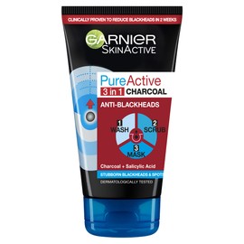 Garnier Pure Active 3-in-1 Charcoal Blackhead Mask Wash Scrub, 150 ml