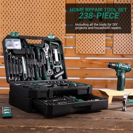 Tool Set: Tool Kit with 12V Cordless Drill, Hand Toolbox with storage case, Mechanic Tool set for Home Repairs, Green