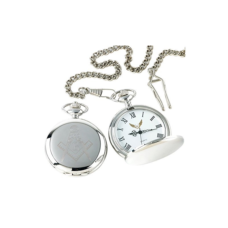 Luxury Vault Freemason Masonic Engraved Silver Pocket Watch and Chain