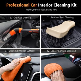 YeewayVeh 7PCS Car Interior Detailing Kit, Horse Hair Car Leather Brush, Applicator Pads and Microfiber Cloth for Car Interior & Seats Leather, Interior Car Cleaning Kit, Orange