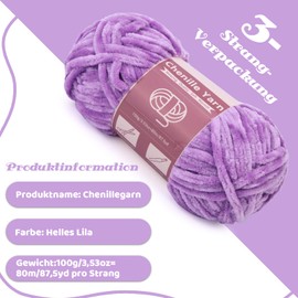 3 x 100g (3 x 80m) Chenille Yarn, Velvet Yarn for Knitting and Crochet with Large Eye Needles, Soft Chenille Yarn for Clothes, Blankets, Bags, Sweaters, DIY Knitting Projects (Light Purple)