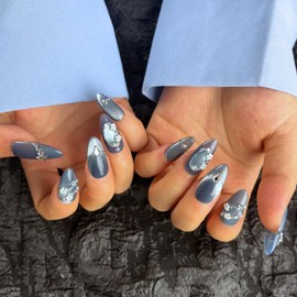 AKA Unicorn Handmade Press On Nails Medium Almond,10Pcs Dark Blue Acrylic Fake Nails,Glue On Nail with The Flower of Growth Charms for Woman Daily Wear&Break Up Party（Design Concept:Lost & Hope）