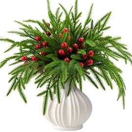 Watayo 60 Pcs Christmas Norfolk Pine Branches with Red Berry Stems- 14" Artificial Greenery Norfolk Pine Stems Sprigs- Fake Foliage Pine Needles Picks for DIY Craft Garland Home Decoration