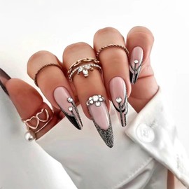 IMRAIN Almond Press on Nails Medium Fake Nails Nude Full Cover Black French Tips Fake Nails with Glitter & Rhinestone Designs Acrylic Glue on Nails Glossy Full Cover False Nails for Women