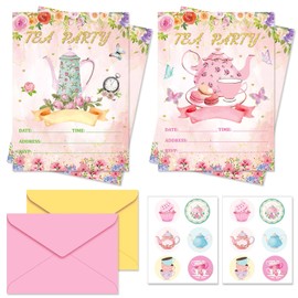 Tea Party Invitations 12 Pack Floral Teapot Card with Envelope & Sticker Watercolor Flower Butterfly Greeting Card for Girls Party Supplies Decorations Blank Birthday Invites