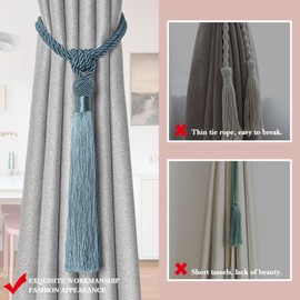 Pretty Jolly 2 Pack Long Tassel Curtain Tiebacks Handmade Braided Rope Knot Drape Tie Backs European Style Decorative Curtain Holdbacks for Home & Office Window Drapery (Teal)