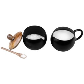 GoCraft Sugar Bowl and Creamer Pitcher Set | Matte Black Iron Cup Jug and Bowl with Wooden Lid and Spoon for Sugar Coffee Serving Milk Frothing for Restaurant, Cafes, Home & Kitchen