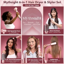 Mythsight StyleVibe 6-en-1 alisador de aire, secador de pelo y cepillo secador con estuche de viaje - Rulos de enrollado automático (L/R), secado rápi