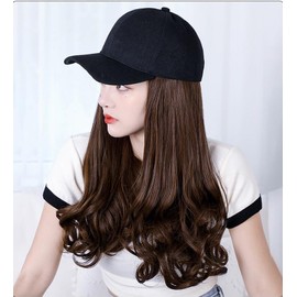 Hat Wig for Women Long Wavy Baseball Cap Wig with Curly Hair Extensions Synthetic Dark Brown Wig (Dark brown, One size)