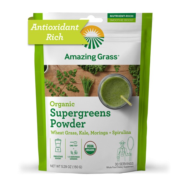 Amazing Grass Super Greens Booster: Greens Powder Smoothie Mix with Spirulina, Moringa, Wheat Grass & Kale Smoothie Booster, Chlorophyll Providing Greens, 30 Servings