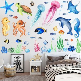 Ocean Sea Animals Wall Decals Stickers, 4Sheets 52Pcs Under The Sea Wall Stickers Fish Turtle Jellyfish Ocean Creature Decals for Kids Bedroom Bathroom Nursery Decor