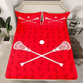 Lacrosse Bed Sheet Set for Kids and Adults - Video Games Design - Deep Pocket Fitted Sheet Twin Size for Kids and Adults - Ultra Soft Lacrosse Bedding Set - Red and White - Room Decor - 2 Piece Bed Set