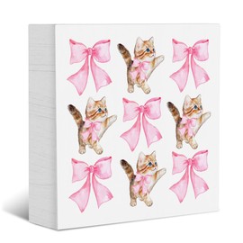 Pink Bow Decor Cat Decor for Cat Lovers Pink Bow Party Decorations Cat Lover Gifts Pink Coquette Room Decor Cottage Core Wooden Box Sign Aesthetic Wooden Block Plaque for Home Pet Shop Farmhouse