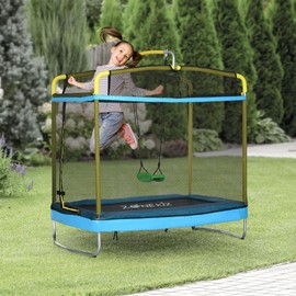 Qaba Trampoline for Kids, 6.9' Kids Trampoline with Enclosure, 3 in 1 Toddler Trampoline with Swing, Gymnastics Bar, for Indoor/Outdoor Use, Light Blue