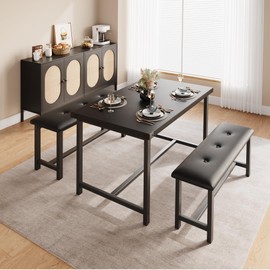 Fancihabor Kitchen Table with Benches, Dining Table Set for 4, Rectangular Dining Room Table Set with 2 Upholstered Benches, 3 Piece Kitchen Table Set for Small Space, Apartment, Studio, Retro Black
