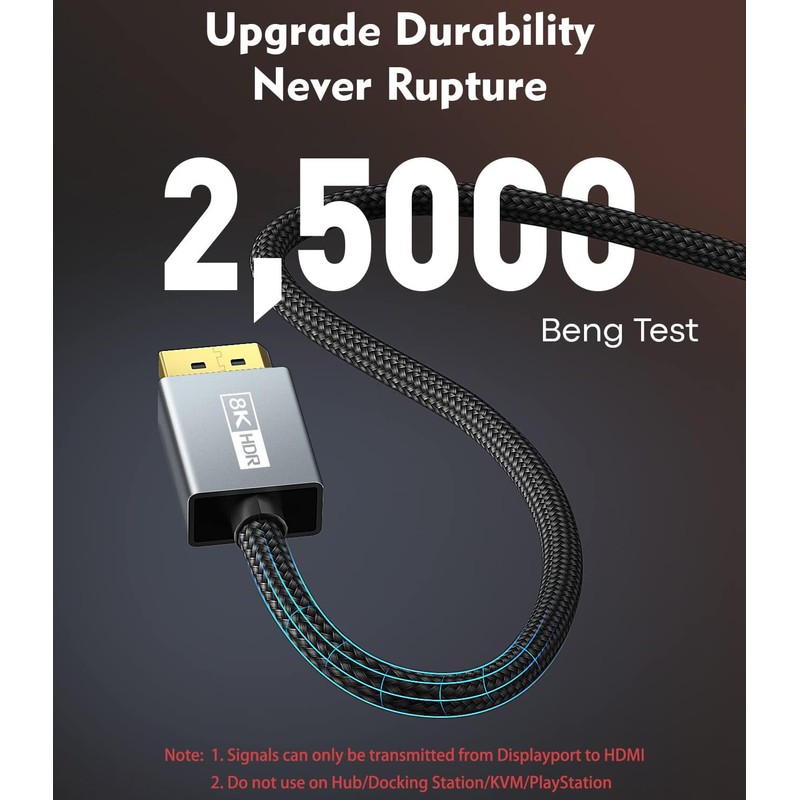 6FT DisplayPort to HDMI 8K Cable [8K@60Hz,4K@120Hz,2K@144Hz] Uni-Directional DP Source