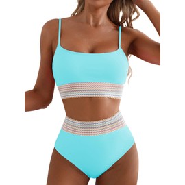 Herseas Womens Turquoise Bikini Sets Two Piece High Waisted Color Block Swimsuit Scoop Neck Sporty Push Up Bathing Suit Neon Tankini Set XX-Large