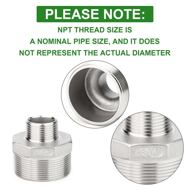 TAISHER 2PCS Cast 304 Stainless Steel Hex Nipple, Reducer Pipe