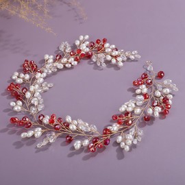 Rumtock Red Crystal Beads Headband for Wedding Brides with Pearl Boho Vintage Long Hair Vine for Women Banquet Dancing Ball (Red)