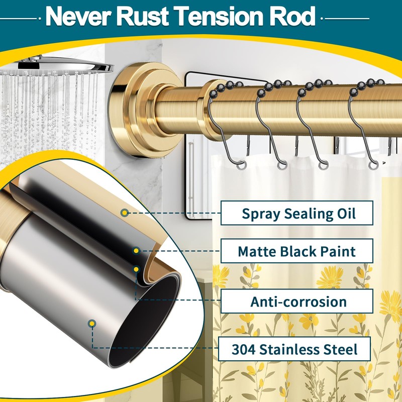 Gold Tension Shower Curtain Rod 36-84 Inch(3-7ft) Never Rust No