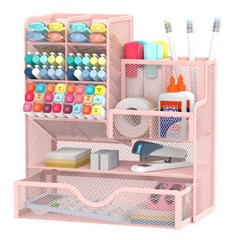 SUPEASY Mesh Pen Holder for Desk, Improved Desk Organiser with Drawer, Versatile Pen Organiser, Desk Organiser and Accessories for Office and Art Accessories (Pink)