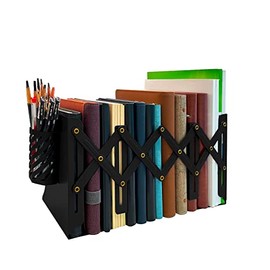 Metal Book Ends for Shelves,Desks.Non Skid bookends for Heavy Books.Book Stopper for Notebooks,Albums,Magazines.Book Holder for Office,Kids Room,Classroom with Removable Pen Holder.