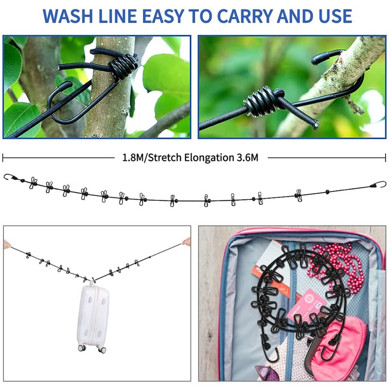 Portable Clothesline,Retractable Clothesline For Travel With 12 Wire Clips For
