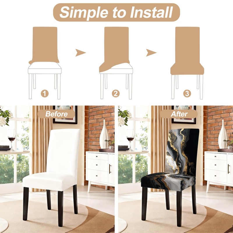 FOREVER QUEEN Black Gold Marble Chair Covers Set of 6,
