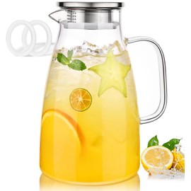 LUNA & MANTHA 2.1 Liter 72oz Water Pitcher with Handle and Spout, Glass Pitcher with Lid for Fridge, Borosilicate Glass for Sangria, Iced Tea, Juice, Cold/Hot Beverage, Large Jug with 2 Silicone Rings