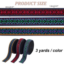 PH PandaHall 9 Yards 3 Colors Elastic Jacquard Ribbon Ethnic Embroidered Trim Boho Jacquard Ribbon Vintage Woven Fabric Trim for Webbing Garment Sewing Accessories DIY Crafts Making, 0.8inch