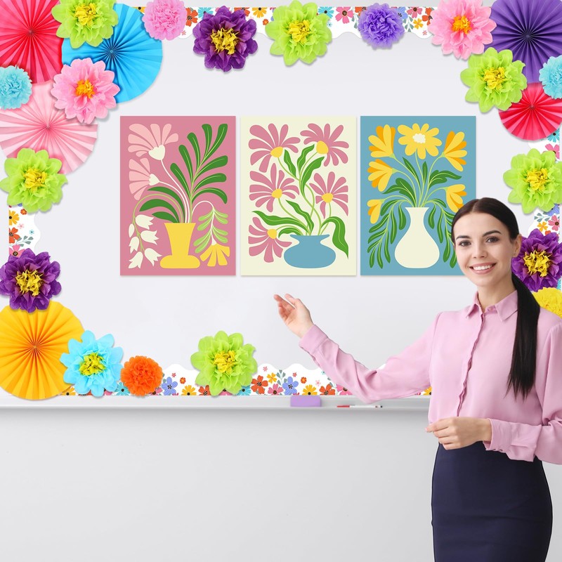 Supervitae 46 Pcs Floral Bulletin Board Borders Decorations 3D Flowers