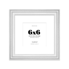 6x6 White Ornate Photo Frame With White Mat For 4x4 Picture, Ready to Hang or Stand, 1 Pack