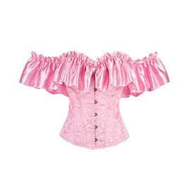 Dreay Womens Vintage Satin Off Shoulder Corset Bustier Lace Up Boned Overbust Corset Shapewear Top Corset Tops S917-Pink-M