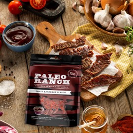 PALEO RANCH Grass-Fed Beef Jerky, Sweet BBQ, No Added Hormones, No Preservatives, 2-oz. Pouches, (Pack of 8)