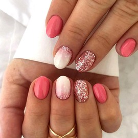 Oval Press on Nails Short False Nails with Pink Glitter Design Glue on Nails Rose Pink Full Cover Acrylic Nails Press ons Glossy Fake Nails Artificial Stick on Nails for Women Girls 24Pcs