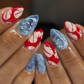 Red and blue Press on Nails Oval Fake Nails with Flower Leaf Designs 24 Pcs Natural Reusable Short Acrylic Nail Full Cover Stick on Nail for Women WYFHDT