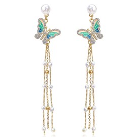Butterfly Tassel Earrings for Women Pearl Earrings for Teen Girls Rhinestone Butterfly Beaded Earrings Long Tassel Earrings for Women(green)