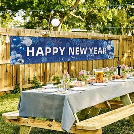 FHGG Happy New Year Backdrop Banner Decorations Polyester Sign Poster Blue Background with Pattern for 2026 New Year Party Festival Home Decor Photo