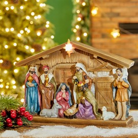Glitzhome Lighted Resin Nativity Figurines House Countertop Christmas Ornaments Nativity Scene Figure Tabletop Crafts Statue Miniatures Xmas Collectibles Baby Jesus Gifts for Home Shelf Decor 12.5"