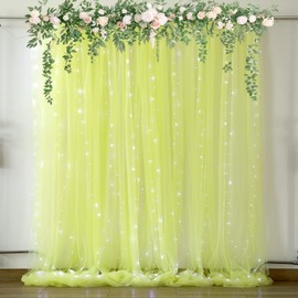 Yellow Tulle Backdrop Curtains with Lights String for Birthday Party Photoshoot 2 Panels 5×8ft Sheer Backdrop Curtains for Baby Shower Wedding Background Decorations