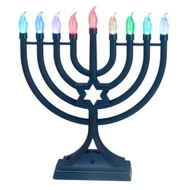 Traditional LED Electric Blue Hanukkah Menorah - Battery or USB Powered - Chanukah Menorah Star of David with Special Effects - 4 Lighting & Blinking Permanent Flame Shaped Low Voltage Hanukah Bulbs