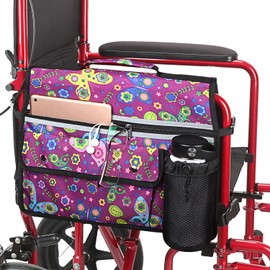 Wheelchair Organizer Storage Bag, Double-Sided Armrest Pouch with Cup Holder and Reflective Strip, for Wheelchairs and Walkers (Purple Butterfly)