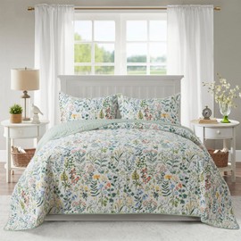 NEWLAKE Cotton Bedspread Quilt Sets-Reversible Patchwork Coverlet Set, Green Classic Floral Pattern, Queen Size