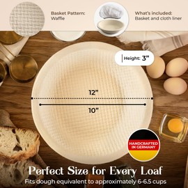 Wood Pulp Banneton Bread Proofing Basket – 12" Round 3.3LB Brotform with Waffle Pattern – Non-Stick Natural Wood Pulp Pressed for Durability– Made in Germany Proofing Basket for Sourdough Bread Baking