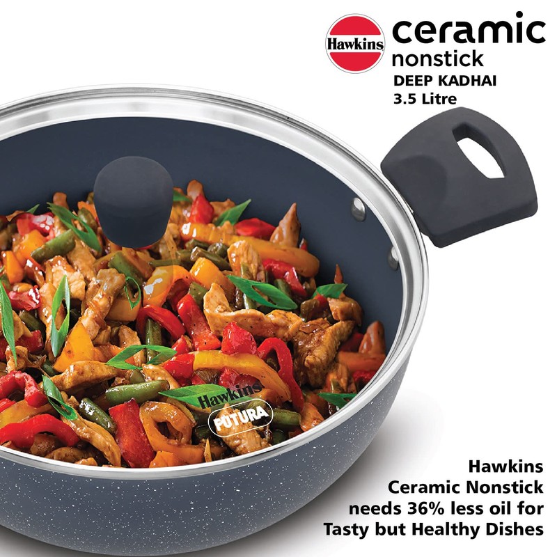 HAWKINS Ceramic Nonstick 3.5 Litre Deep Kadhai, Induction Deep Fry