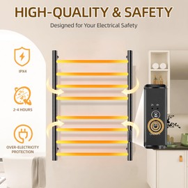 Aquatrend Towel Warmers for Bathroom, Electric Heated Towel Rack Wall Mounted, Hot Storage Rack with Built-in Timer, Stainless Steel, 8 Bars, Plug-in, Fast Heating, Black