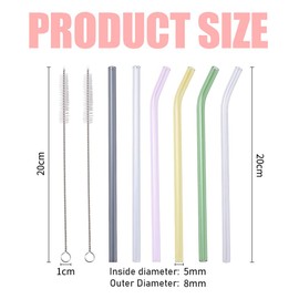 6 Pcs Reusable Glass Straws, Drinking Straw with 2 Cleaning Brushes, Colorful Straight Bent Straw, 8x200 MM