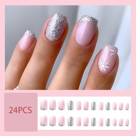 24Pcs Christmas Press on Nails French Tip Fake Nails Glitter with Snowflake Design Short Square False Nails Acrylic Nails Nude Pink Glue on Nails Full Cover Stick on Nails for Women Girls